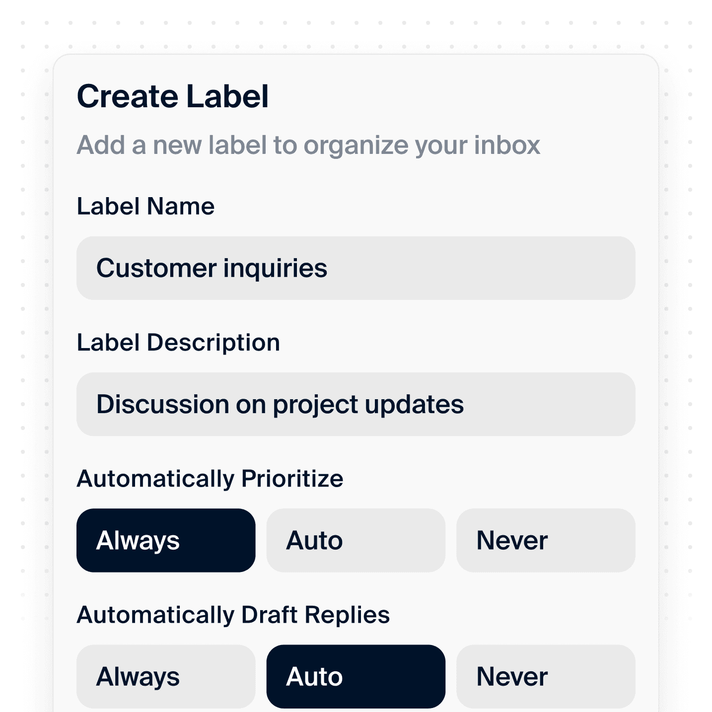 Label Actions. Specify what actions to to perform on emails in a particular label, and Stamp will perform them for you.